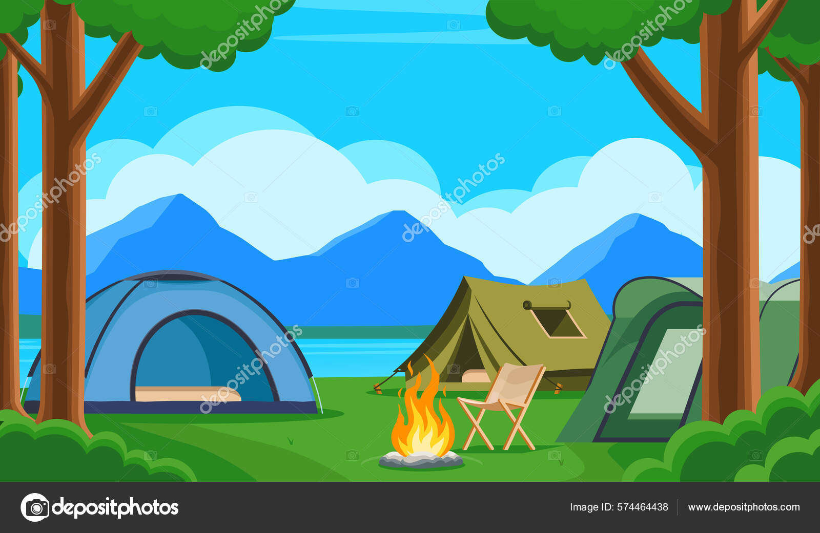 Cartel Camping Forestal Con Tres Carpas Silla Hoguera Concepto Viaje  vector, gráfico vectorial © markskitsky imagen #574464438