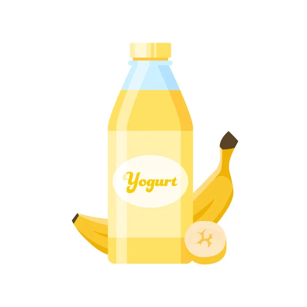 Conjunto Iogurte Banana Garrafa Vidro Estilo Cartoon Plano Iogurte Amarelo — Vetor de Stock