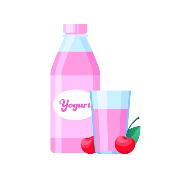 Meg Cseresznye Joghurt Üvegben Üveg Lapos Rajzfilm Stílusban Rózsaszín Joghurt — Stock Vector