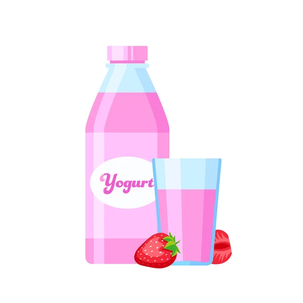 Szett Eper Joghurt Üvegben Üveg Lapos Rajzfilm Stílusban Rózsaszín Joghurt — Stock Vector