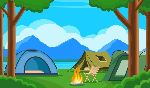 Waldcamping Plakat Mit Drei Zelten Stuhl Und Lagerfeuer Konzept Von — Stockvektor
