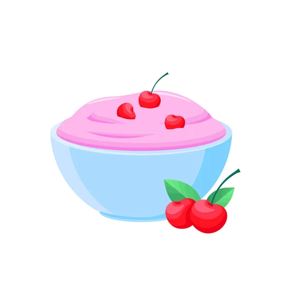 Cherry Yogurt Bow Cartoon Vector Illustration 접시에 — 스톡 벡터