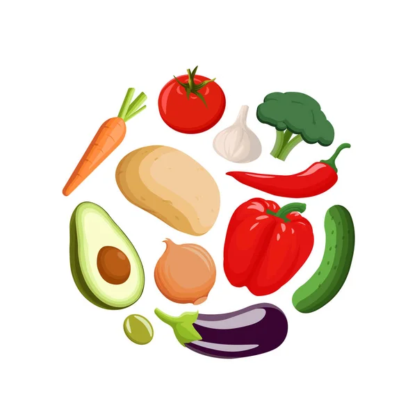 Conjunto Diferentes Verduras Círculo Estilo Dibujos Animados Recogida Hortalizas — Vector de stock