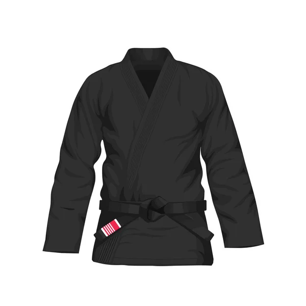 Siyah kuşaklı siyah çizgili BJJ Black Gi düz stil. Brezilya Jiu-Jitsu siyah kimonosu. Beyaz arkaplanda izole.