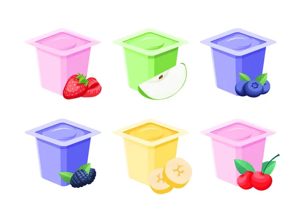Állítsa Különböző Gyümölcs Joghurtok Csésze Lapos Rajzfilm Stílusban Rózsaszín Sárga — Stock Vector