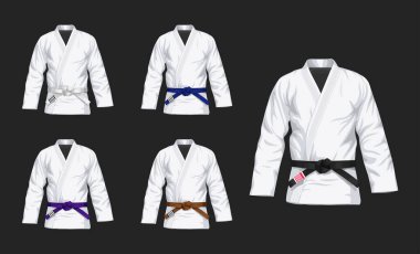 Farklı kemer düz vektör illüstrasyonlu BJJ White Gis seti. Kimono ve tüm kemer vektör çizimleri düz stil. Brezilya Jiu-Jitsu kiti. Siyah arkaplanda izole.