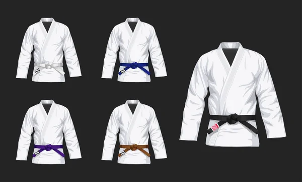 Farklı kemer düz vektör illüstrasyonlu BJJ White Gis seti. Kimono ve tüm kemer vektör çizimleri düz stil. Brezilya Jiu-Jitsu kiti. Siyah arkaplanda izole.