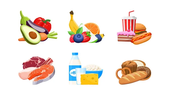 Conjunto Diferentes Tipos Ilustración Vectores Dibujos Animados Alimentos Comida Rápida — Vector de stock