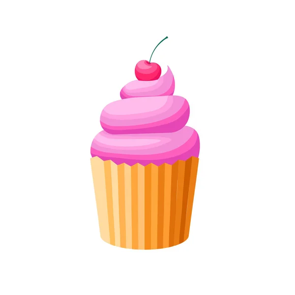 Cupcake Con Guarnizione Rosa Ciliegia Alto Illustrazione Vettoriale Cartone Animato — Vettoriale Stock