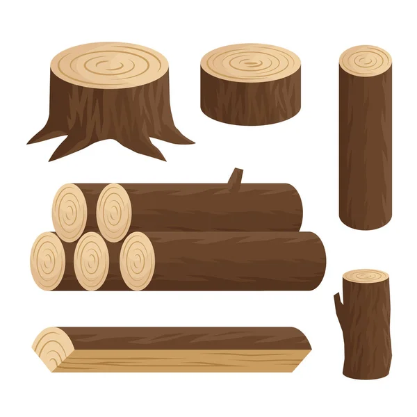 Conjunto Diferentes Logs Estilo Vetorial Cartoon Coleção Lenha Tijolos Toco — Vetor de Stock