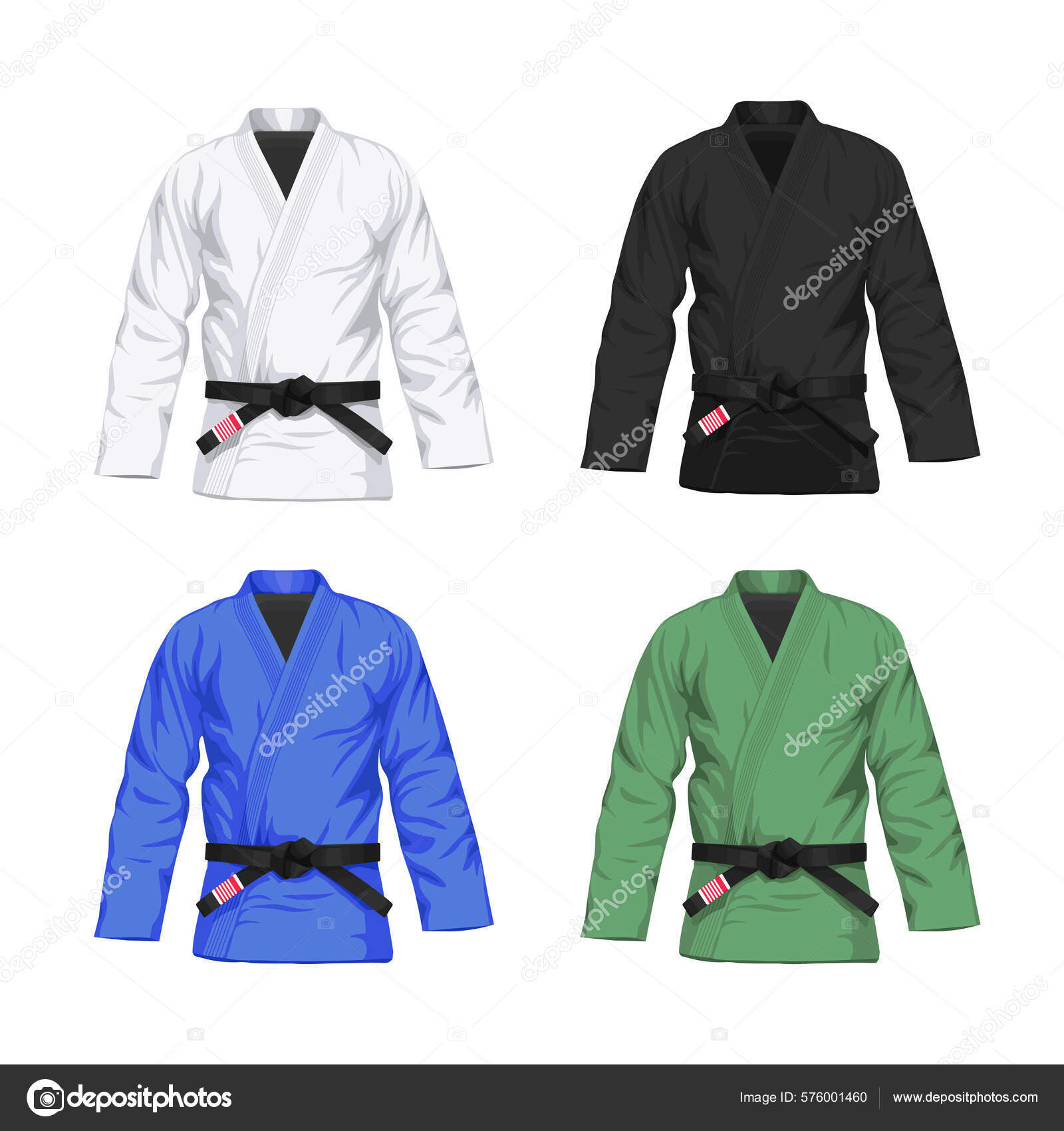 Conjunto Kimonos Bjj Diferentes Colores Con Ilustración Realista Vectores  Cinturón Vector de stock por ©markskitsky 576001460