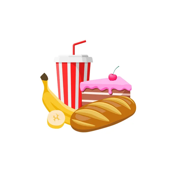Set Carboidrati Alimentari Stile Cartone Animato Torta Soda Banana Pane — Vettoriale Stock