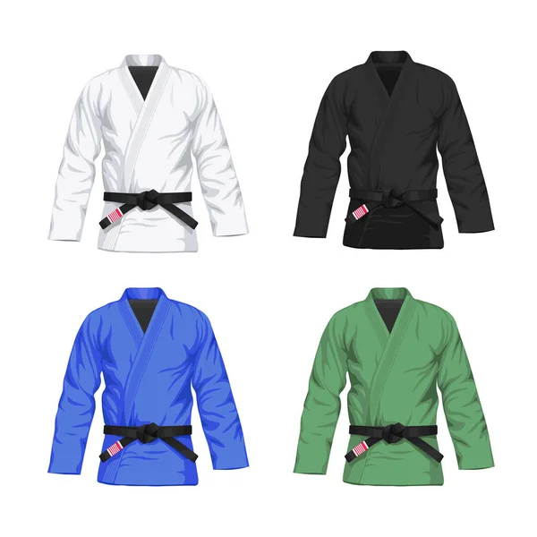 Farklı renklerde ve siyah kuşak vektör gerçekçi illüstrasyonlu Bjj kimonoları. Beyaz, siyah, yeşil, siyah kuşaklı mavi BJJ gi. Beyaz arkaplanda izole.
