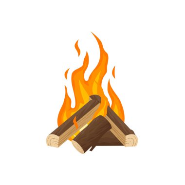 Çizgi filmdeki odunlu şenlik ateşi. Düz stil illüstrasyon. Tahta tuğlalı ateş. Yanan odun