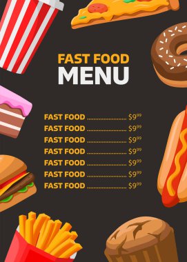 Fast food menü şablonu karikatür vektör tarzında siyah arkaplan üzerine. Restoran menü şablonu. Kafe fiyatları listesi. Pizza, burger, çörek, çörek, soda, sosisli, patates kızartması, kek.. 