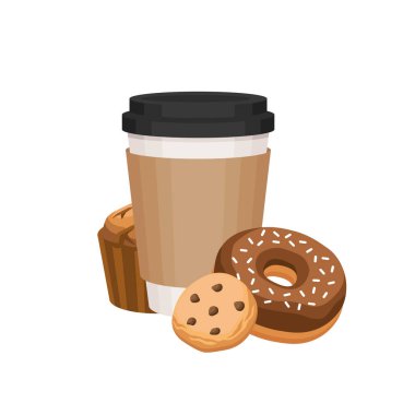 Kurabiyeli kahve, çörek ve kek vektörü seti. Kahverengi kollu ve tatlılı kahve. Çizgi film gibi düz bir tasvir. Beyaz bir arkaplanda izole edilmiş