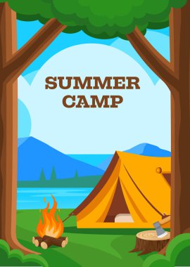 Turuncu çadırı olan yaz kampı posteri, şenlik ateşi, baltalı kütük. Seyahat, yürüyüş ve açık hava aktivitesi kavramı. Ağaçlı vektör manzara afişi, yeşil çimlerde bir kamp alanı ve arka planda dağlar