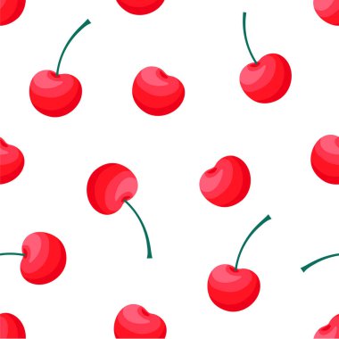 Cherry seamless pattern cartoon vector illustration. Red cherries with tail isolated drawing on white background.	