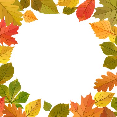 Sonbahar, çerçeve vektör karikatür çizimini bırakır. Sarı, yeşil, kırmızı, turuncu sonbahar beyaz arkaplanda kart şablonu