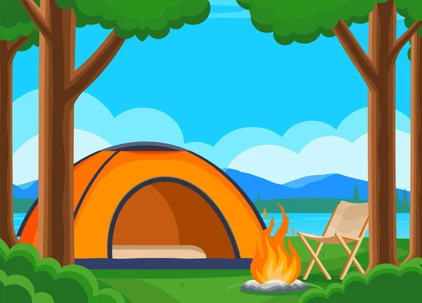 오렌지 모닥불 의자와 속에서 캠핑을 했습니다 휴가의 배경에는 나무와 야영지가 — 스톡 벡터