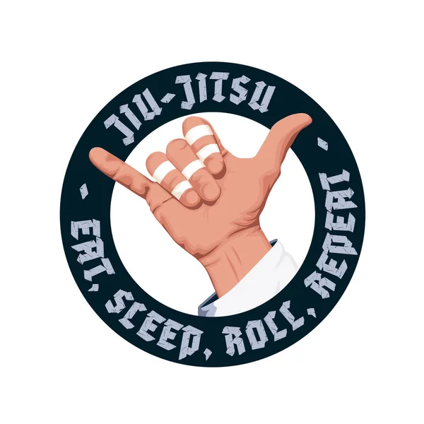 Realistic Shaka Hand Bjj Logo Badge Eat Sleep Roll Repeat — Stock Vector