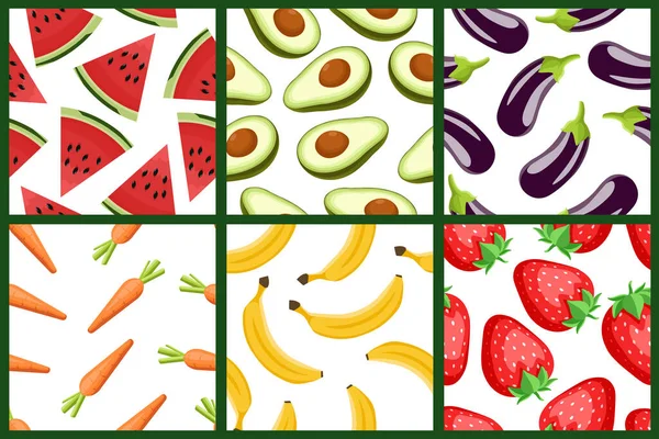 Collection Vegan Seamless Patterns Cartoon Vector Style Fruits Vegetable Patterns — Stock vektor