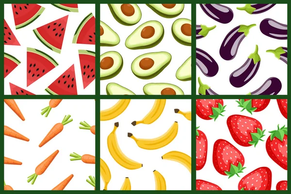 Collection of vegan seamless patterns in cartoon vector style. Fruits and vegetable patterns. Strawberry, eggplant, banana, avocado, watermelon, carrot