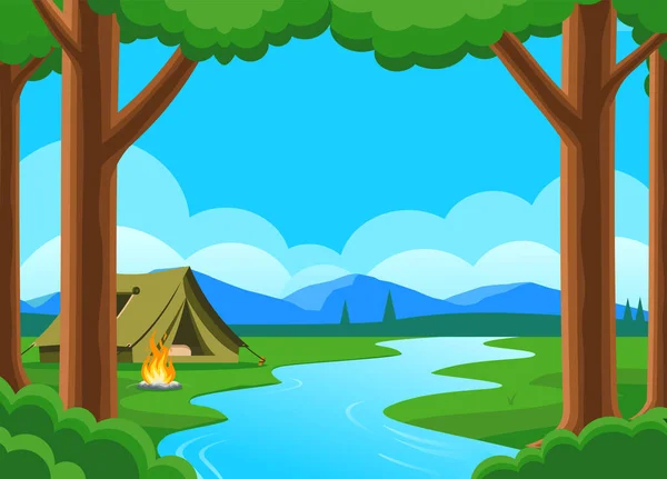 Tent by the River in the forest and mountains cartoon vector landscape. River in the woods. Nature background. Camping. Campsite