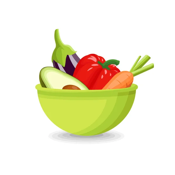 Set Different Raw Vegetables Green Bowl Cartoon Vector Illustration Isolated — Stock vektor