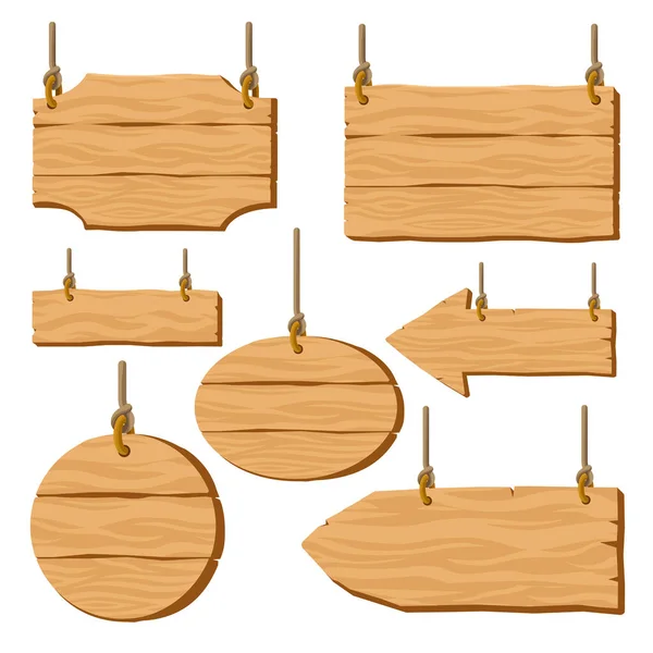 Set Blank Hanging Rope Wooden Signboards Square Arrow Circle Cartoon — Stockvektor