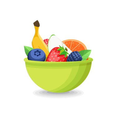 Yeşil kâse vektör illüstrasyonunda farklı meyveler. Beyaz arka planda bir avuç meyve ve dut. Muz, çilek, ahududu, elma.