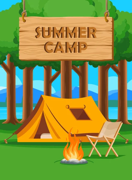 Summer Camp Poster Design Cartoon Vector Style Forest Camping Wooden — 스톡 벡터
