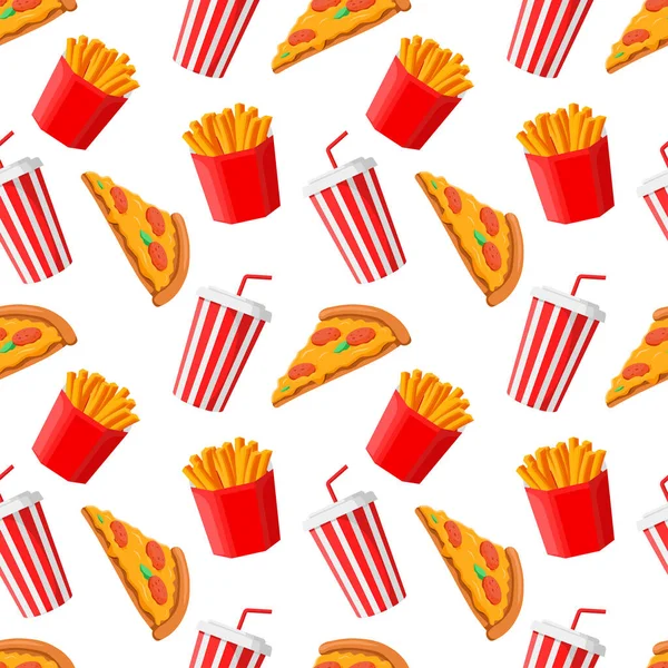 Fast Food Seamless Pattern Cartoon Vector Illustration Pizza French Fries — Image vectorielle