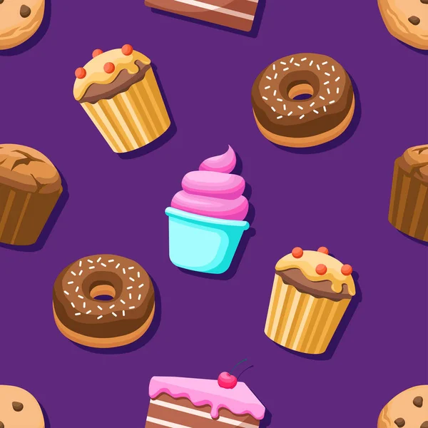 Sweet Desserts Shadow Seamless Pattern Cartoon Style Bakery Products Pattern — Vector de stock