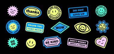 Trendy Patches Vector Design. Cool abstract background with smiley stickers, flowers and motivational quotes. Good Vibes, wow, be kind, don't worry Smile Badges.