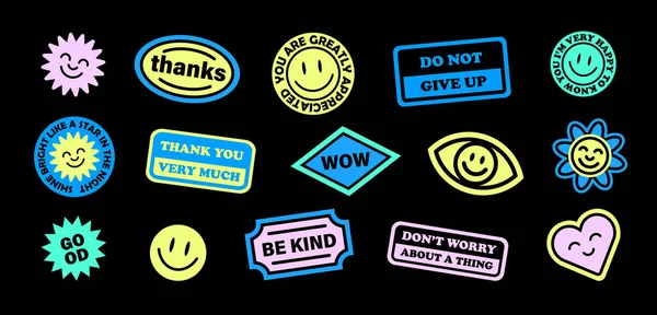 Trendy Patches Vector Design. Cool abstract background with smiley stickers, flowers and motivational quotes. Good Vibes, wow, be kind, don't worry Smile Badges.