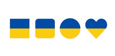 Set of 4 ukrainian flags in different geometric shapes. Square, circle, heart. War. Peace for Ukraine. Ukrainian flag icons for web design. Isolated icons on white background.