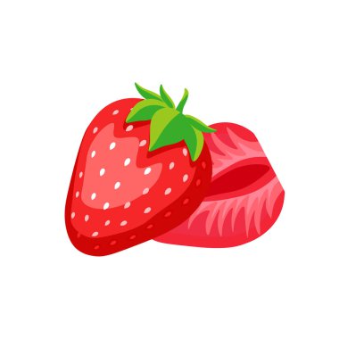 Whole Strawberry with one half strawberry with green leaves cartoon vector illustration. Isolated illustration on white background.