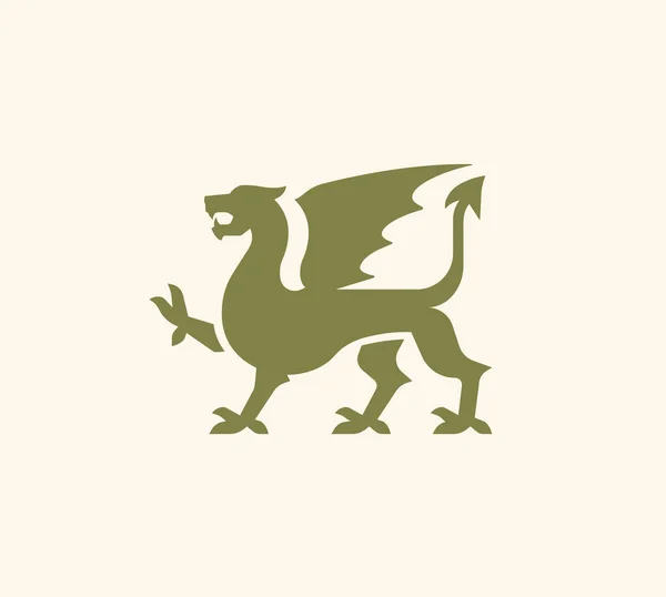 Medieval Green Dragon Logo Knight Dragon Wings Green Silhouette Vector — Archivo Imágenes Vectoriales