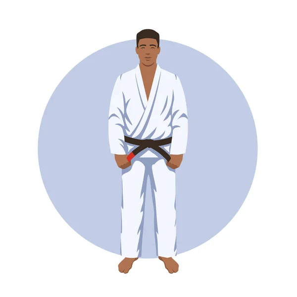 black man Brazilian jiu-jitsu practitioner with black belt cartoon vector illustration. BJJ fighter in white GI. African-American grappler