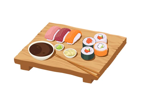Sushi Set Wooden Board Cartoon Vector Illustration Sushi Rolls Nigiri — Vetor de Stock