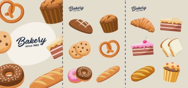 Bakery menu vector 3 page template with baked goods illustrations. Cake, cookie, bread, muffin, pretzel, donut. Cafe pastry menu with bakery logo. 