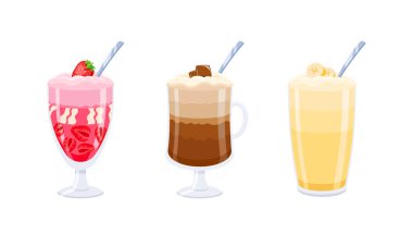 3 Ice cream desserts set in a glass with a spoon. Strawberry ice cream, chocolate, banana. Red, brown and yellow creams.