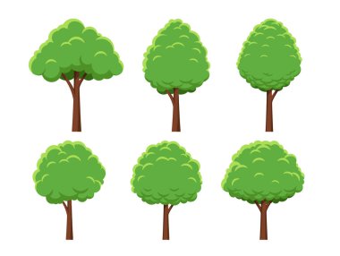 Set of 6 round green trees in cartoon vector style isolated on white background. Forest plants. Trees of different shapes