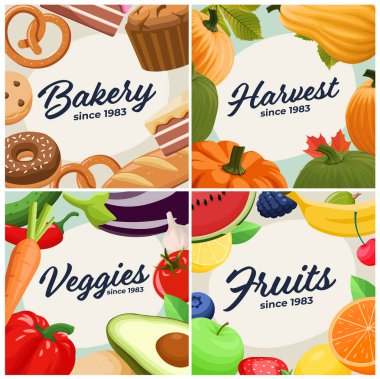 Different food topics vector templates in cartoon style. Bakery, pastry, fruits, vegetables, harvest, thanksgiving, autumn. Square Food posters.