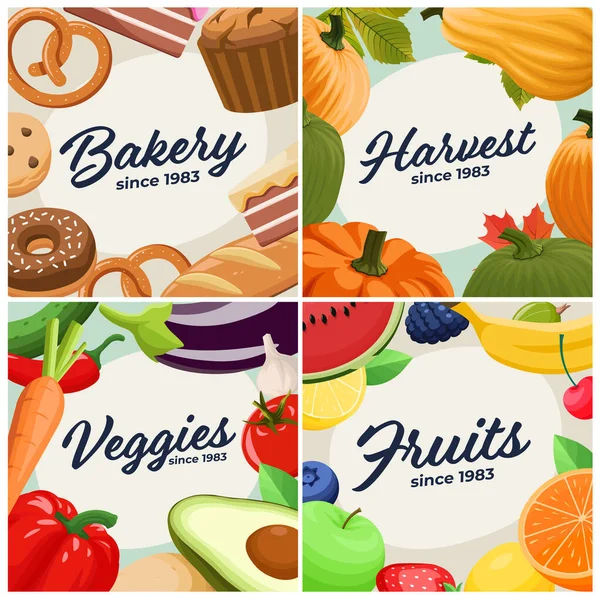 Different food topics vector templates in cartoon style. Bakery, pastry, fruits, vegetables, harvest, thanksgiving, autumn. Square Food posters.