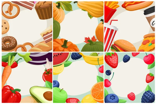 Different Food Topics Vector Templates Cartoon Style Bakery Pastry Fruits — Stockvektor
