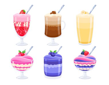 6 Ice cream desserts set in a glass with a spoon. Strawberry ice cream, chocolate, banan, blueberry, blackberry, raspberry, cherry. Red, purple, pink, brown and yellow creams.