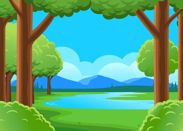 River in the forest and mountains cartoon vector landscape. River in the woods. Nature background. Beautiful green lawn with trees landscape