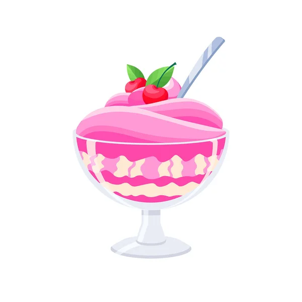 Cherry Ice cream dessert in a transparent glass with a spoon. Cartoon vector illustration of a cream dessert. Sweet berry food.